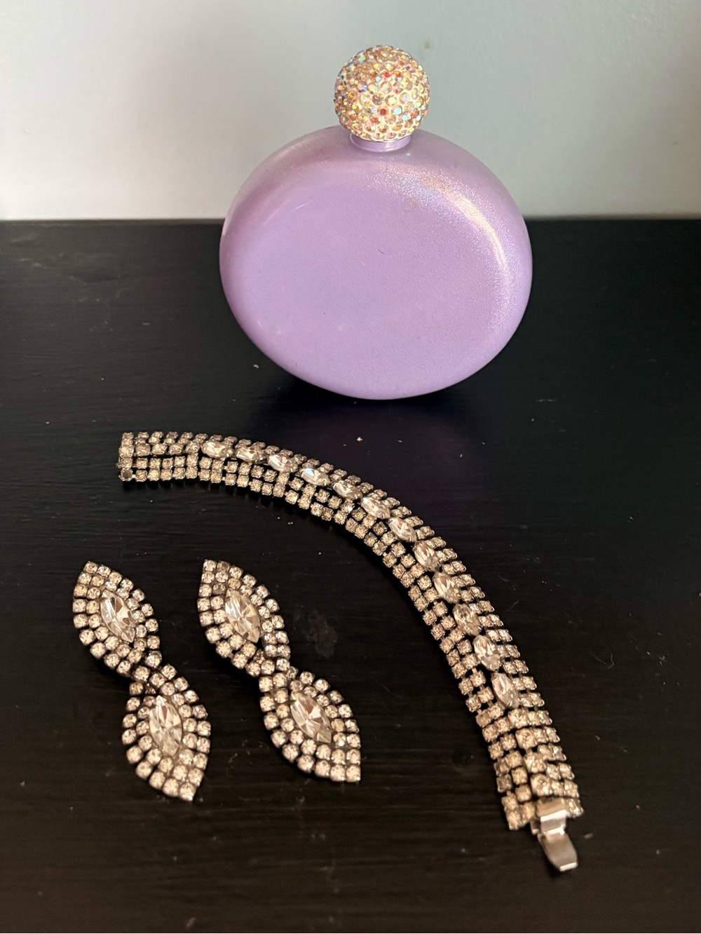 Mid-Century Modern Bracelet & Earrings Set Marquise & Round Clear Rhinestones